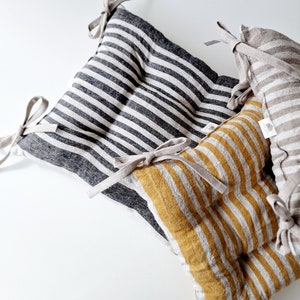 Linen Seat Cushion Striped Chair Pad with Ties Natural French Style Heavy Weight 100% Linen Fabric Yellow Stripes