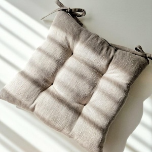 Linen Seat Cushion - Stripes Chair Pad with Ties - Chair Pillow - Natural 100% Linen Fabric - Custom Size Natural/Undyed