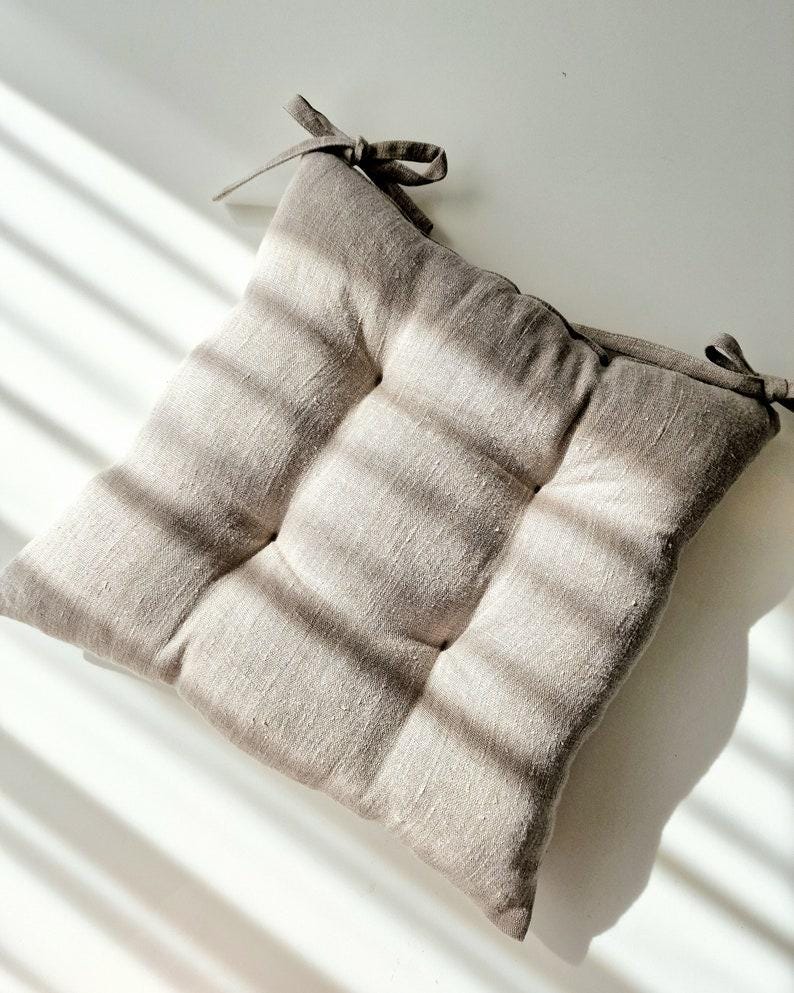 Linen Seat Cushion - Stripes Chair Pad with Ties - Chair Pillow - Natural 100% Linen Fabric - Custom Size Natural/Undyed