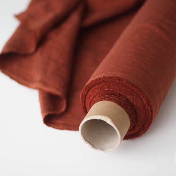 Red Clay Linen Fabric - Red Brick Stonewashed 100% Linen Flax Material - Fabric by the Meter - Fabric by the Yard