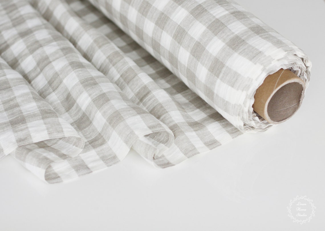 Checkered Linen Fabric - Checked White Beige Natural Stonewashed 100% ...