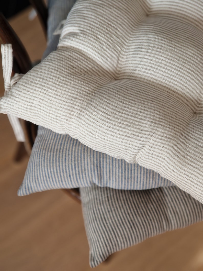 Linen Seat Cushion - Stripes Chair Pad with Ties - Chair Pillow - Natural 100% Linen Fabric - Custom Size image 8