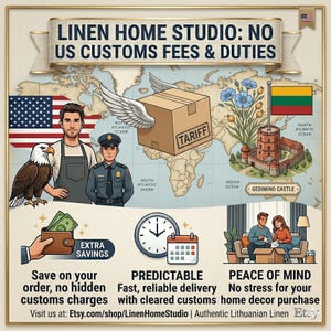 May include: An illustrated advertisement for Linen Home Studio, featuring a world map, a package with wings, and the text "NO US CUSTOMS FEES & DUTIES." The image includes a man, an eagle, and a police officer.