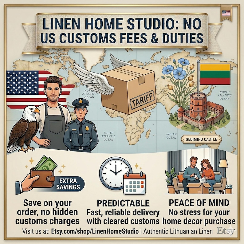 May include: An illustrated advertisement for Linen Home Studio, featuring a world map, a package with wings, and the text "NO US CUSTOMS FEES & DUTIES." The image includes a man, an eagle, and a police officer.
