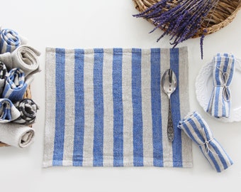 Striped Heavy Linen Placemat - Blue Rustic Softened 100% Linen Placemat - Farmhouse Table Decor