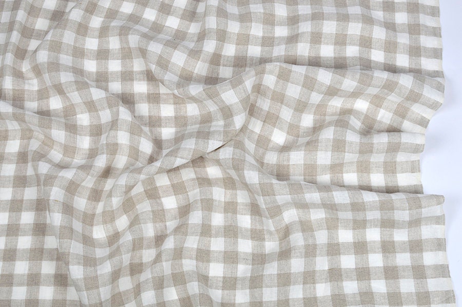 Checkered Linen Fabric - Checked White Beige Natural Stonewashed 100% ...