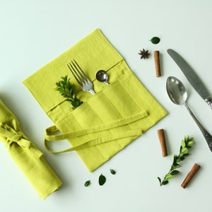 Linen Cutlery Roll - Reusable Utensil Holder Bag - Travel Picnic Lunch Box Wrap Case - Zero Waste Sustainable Kitchen