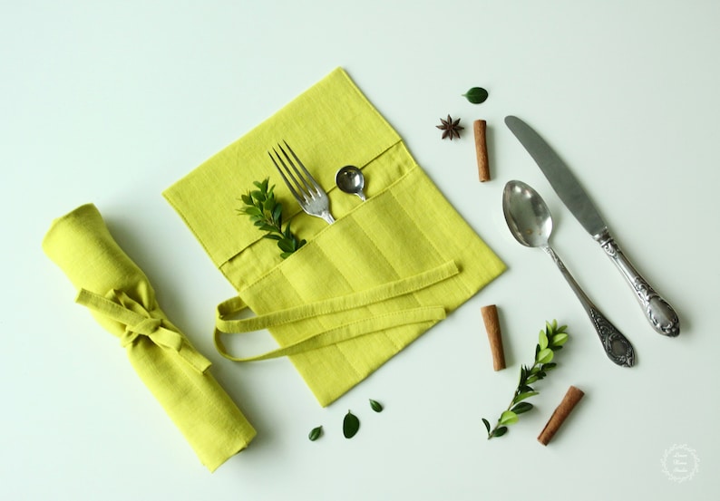 Linen Cutlery Roll - Reusable Utensil Holder Bag - Travel Picnic Lunch Box Wrap Case - Zero Waste Sustainable Kitchen
