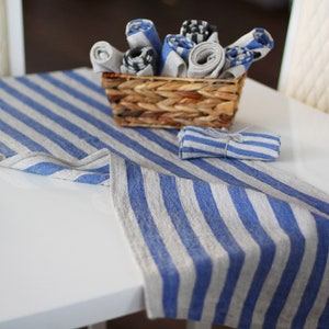 Runner da tavolo in lino a righe - Tessuto di lino naturale lavato a pietra blu pesante - Arredamento da tavolo rustico della fattoria