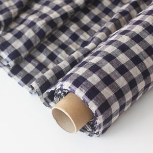 Checkered Linen Fabric - Navy Blue Gray Stonewashed 100% Linen Flax Material - Fabric by the Meter - Fabric by the Yard