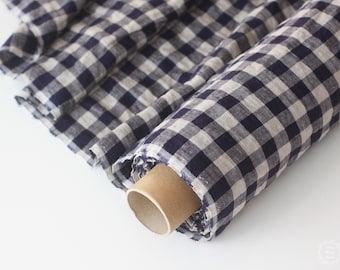 Checkered Linen Fabric - Navy Blue Gray Stonewashed 100% Linen Flax Material - Fabric by the Meter - Fabric by the Yard