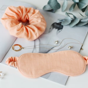 Organic Eye Mask - Linen Sleep Mask and Scrunchie Set - Organic Natural Flax Fabric Travel Mask - Double Sided