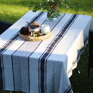 Rustic Linen Tablecloth - French Style Striped Washed Heavy Weight Table Cloth