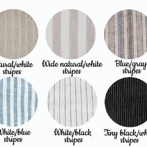 Striped linen fabric pattern guide for custom orders. Six circular swatches showing: Natural/white stripes, Wide natural/white stripes, Blue/gray stripes, White/blue stripes, White/black stripes, and Tiny black/white stripes. Perfect for personalized organic linen kitchen accessories.