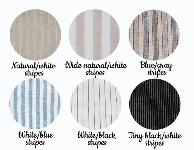 Striped linen fabric pattern guide for custom orders. Six circular swatches showing: Natural/white stripes, Wide natural/white stripes, Blue/gray stripes, White/blue stripes, White/black stripes, and Tiny black/white stripes. Perfect for personalized organic linen kitchen accessories.