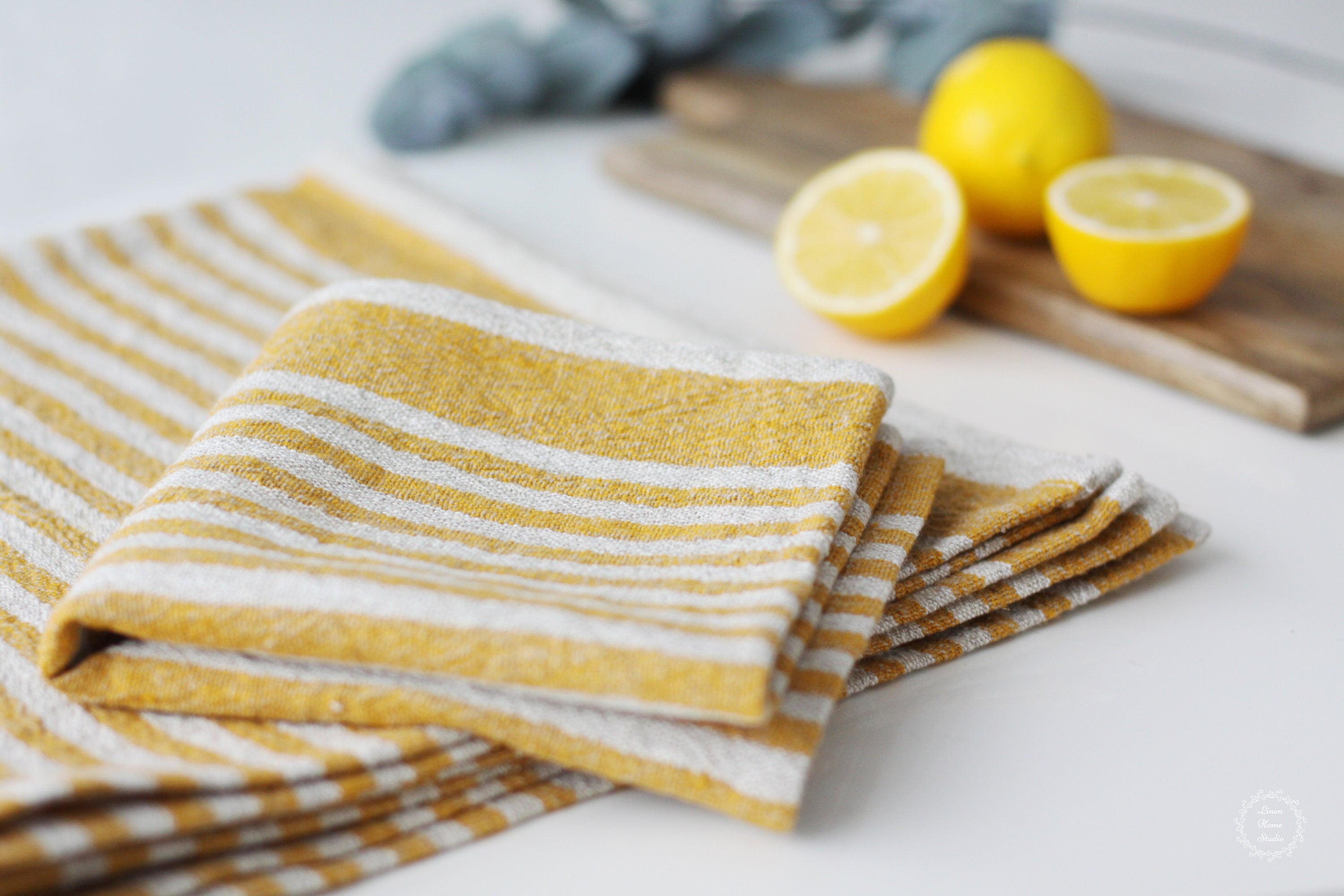 Set of 2 Linen Tea Towels in Striped Gold, Yellow / White. Washed Linen Kitchen  Towel. Guest, Hand Towel. Linen Dish Towel, Dishcloth. 