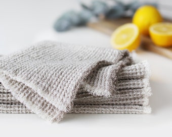 100% Linen Waffle Dishcloth Set - Thick Kitchen Towel - Hand Guest Towel - Dish Drying Mat -  Natural Undyed Softened  Linen Fabric 650g/m2