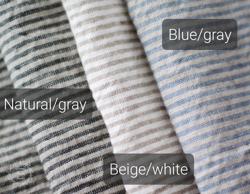A color guide infographic showing three striped linen fabric options side by side. Text overlays label each style: 'Natural/gray' for the dark charcoal and white thin stripes, 'Beige/white' for the natural tan and white stripes, and 'Blue/gray' for the light blue and muted gray striped pattern.