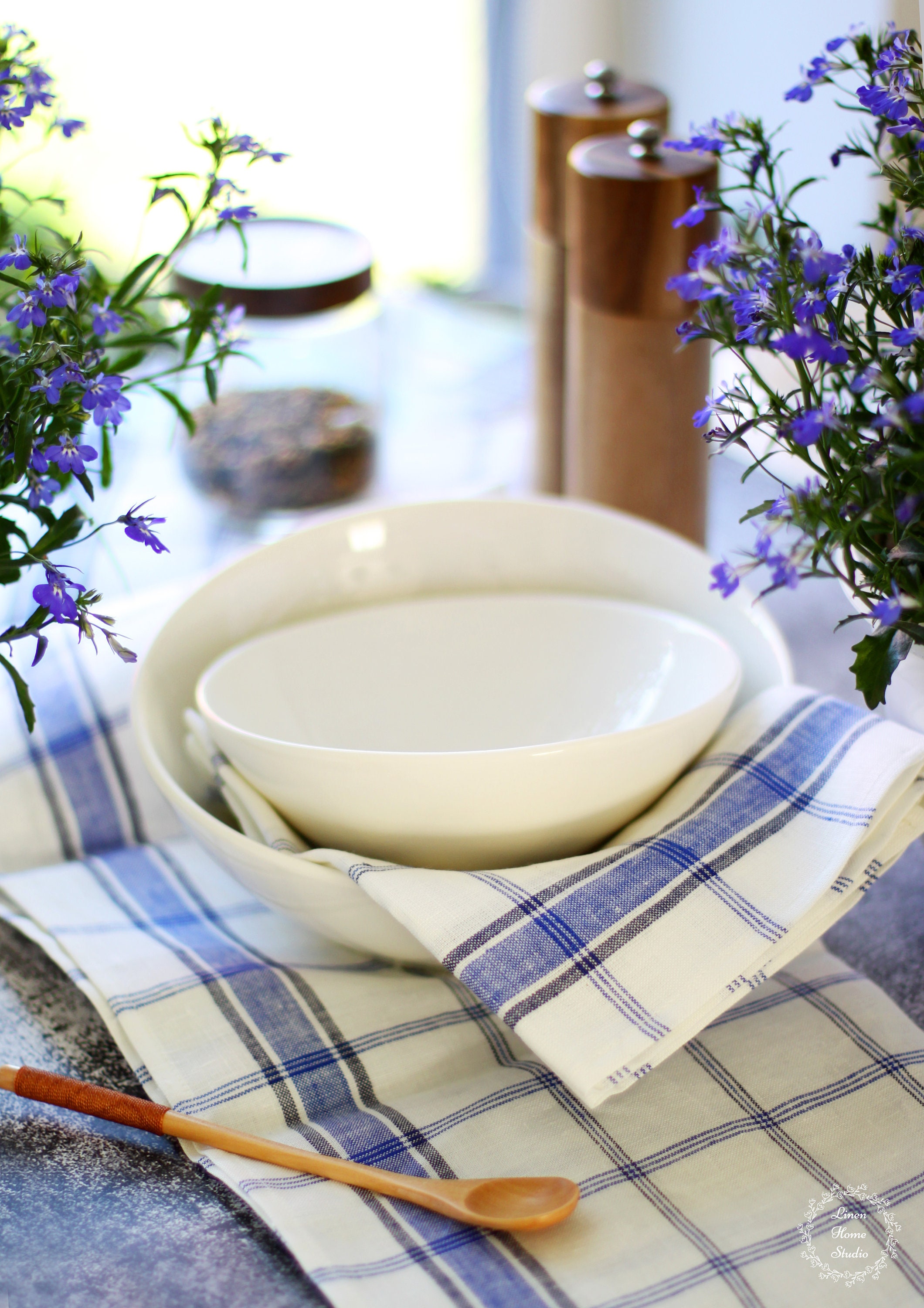 White Linen Kitchen Tea Towel with Blue Checks Etsy