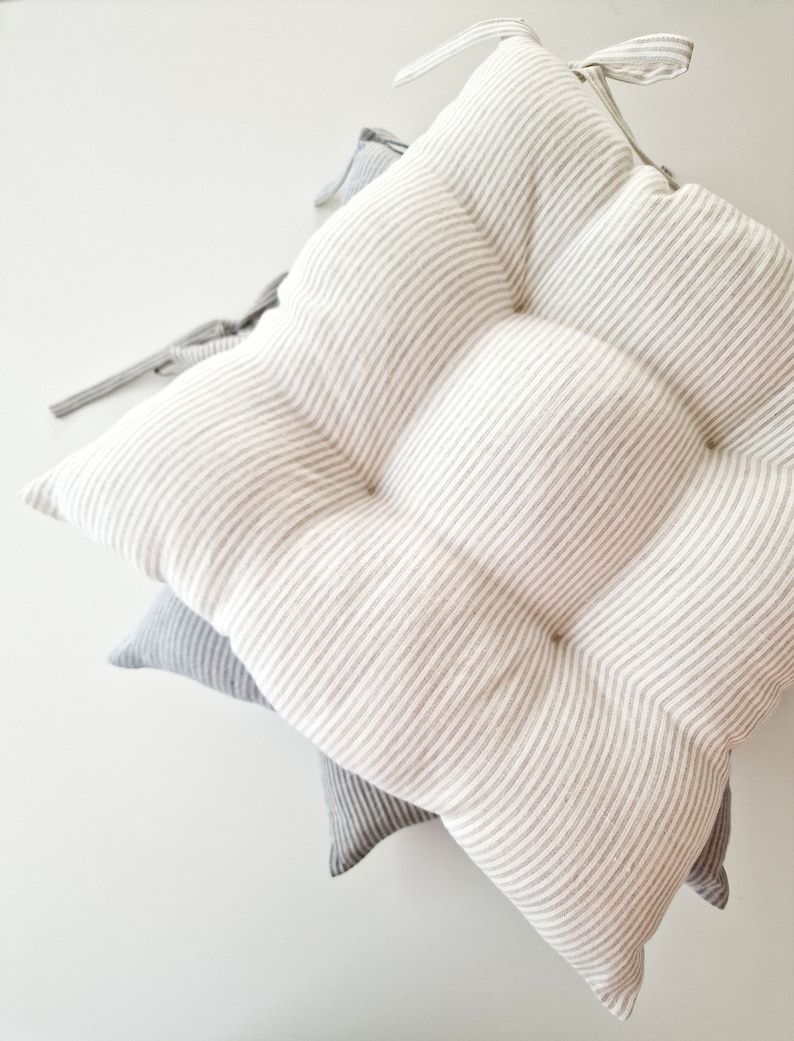 Linen Seat Cushion - Stripes Chair Pad with Ties - Chair Pillow - Natural 100% Linen Fabric - Custom Size image 7