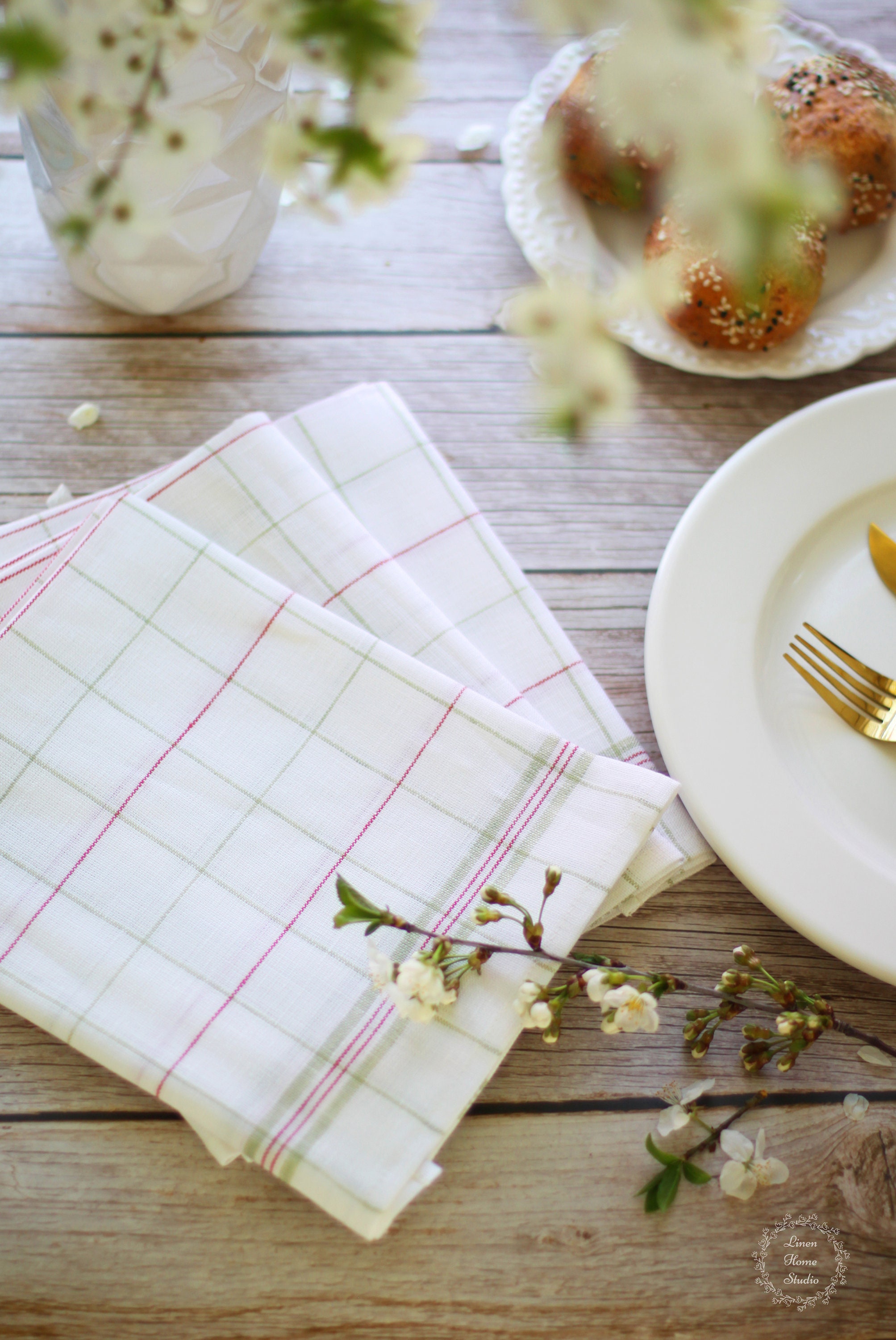 White Linen Kitchen Tea Towel With Checks Etsy UK