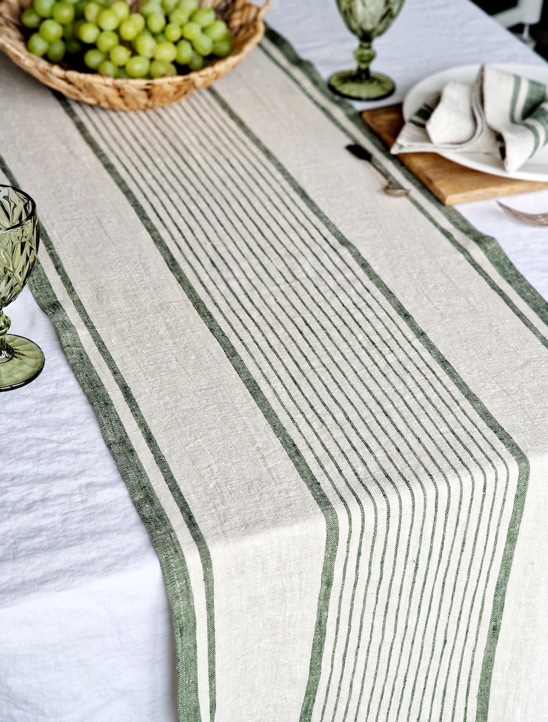 Linen Table Runner Striped French Style Heavy Weight Natural Table Runner Green Stripes