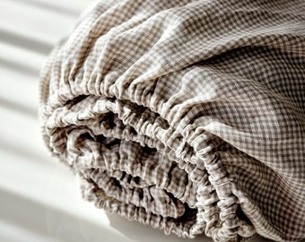 Linen Fitted Sheet - Washed Soft Linen King Queen Bedding - Natural Checkered Striped Bed Sheet