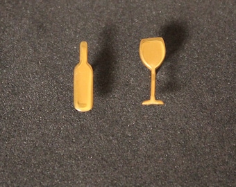 Gold Wine Glass Bottle Studs - Gold Food and Drink Studs - Cocktail Party Studs - Glass Vino Studs - Mismatched Studs -