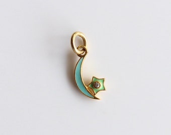 Gold Enamel Crescent Pendant - Moon Star Enamel Diamond Pendant - Gold Celestial Jewelry - Layering  Pendant - Dainty Crescent Jewellery