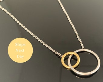 Gold Eternity Necklace - Gold Interlocking Karma Circle Necklace - Two Tone Necklace - Gold Double Circle Necklace - valentines gift for her