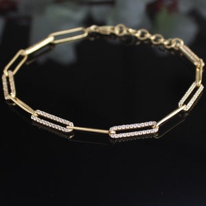 Gold Diamond Paperclip Link Bracelet - Rectangle Chain Bracelet - Gold Link Chain Bracelet - Pave diamond jewelry - Holiday Jewelry gift