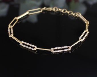 Gold Diamond Paperclip Link Bracelet - Rectangle Chain Bracelet - Gold Link Chain Bracelet - Pave diamond jewelry - Holiday Jewelry gift