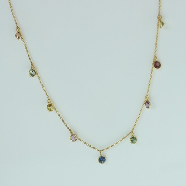 Gold Multi Color Station Necklace - Multi Sapphire bezel Necklace - Gold Rainbow Necklace - Gold Sapphire Necklace - mother's day gift