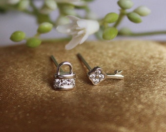 Gold Diamond Lock and Key Studs - Mix and Match Studs - Diamond Key Earrings - Piercing Studs - Asymmetrical Studs - jewelry for her