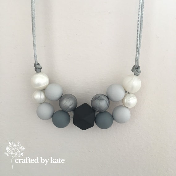 Silicone Bead Necklace Statement Necklace Beaded Necklace Monochrome Black Grey Pearl