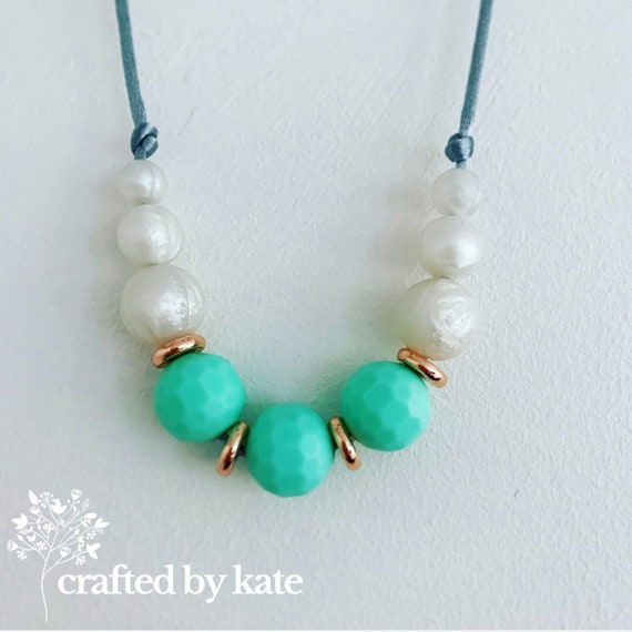 Mint and pearl silicone bead necklace / beaded necklace