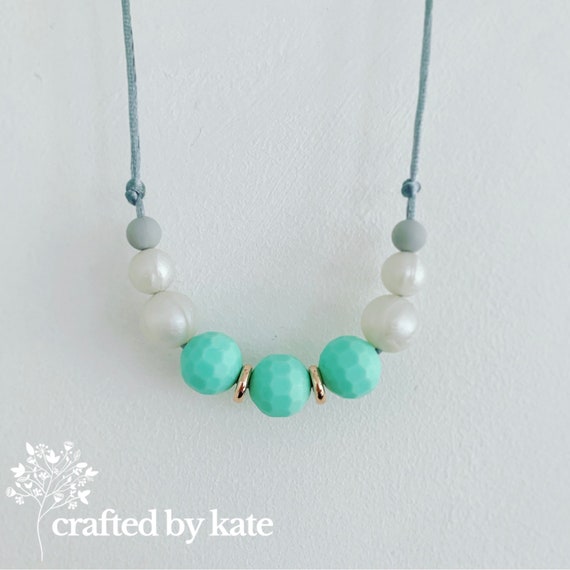 Mint pearl and grey silicone bead necklace / beaded necklace