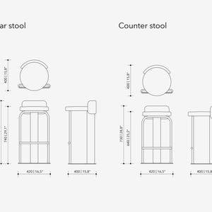 May include: Line drawing of a bar stool and a counter stool, with dimensions in inches. The bar stool is 32.7 inches tall, and the counter stool is 28.8 inches tall. Both stools have a seat width of 16.5 inches.