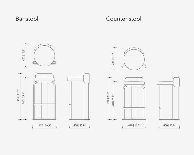 May include: Line drawing of a bar stool and a counter stool, with dimensions in inches. The bar stool is 32.7 inches tall, and the counter stool is 28.8 inches tall. Both stools have a seat width of 16.5 inches.