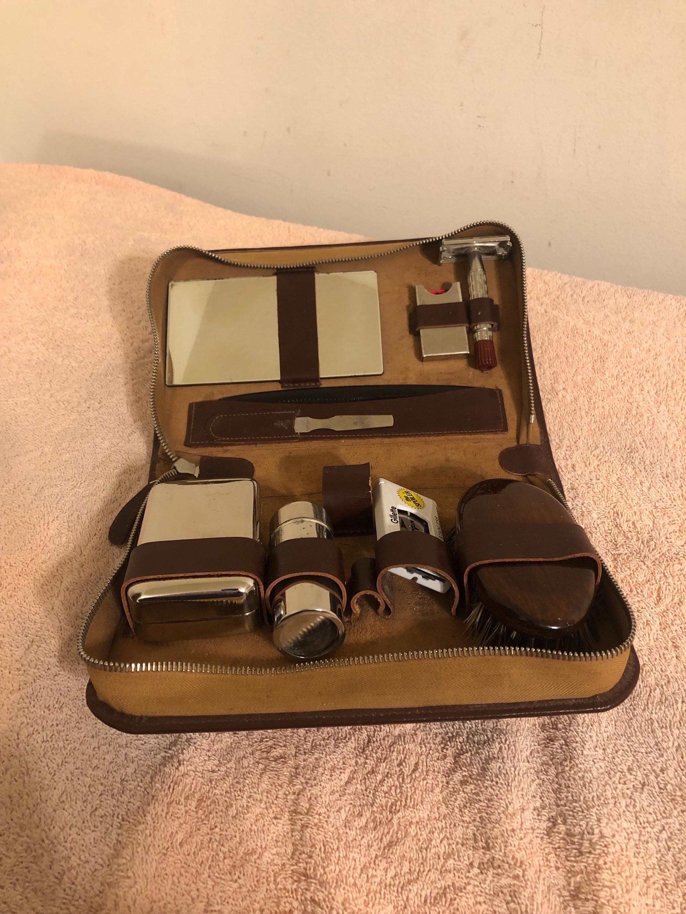 Vintage Men’s Travel Grooming Kit Leather Case Chrome Plate Pieces