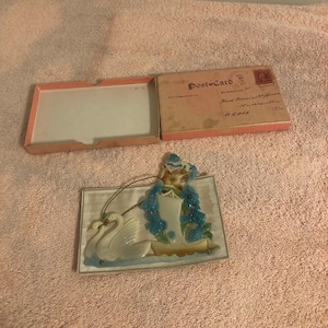 Carte postale 3D vintage en relief cygnes et oiseau mobile fabriquée en Allemagne avec boîte