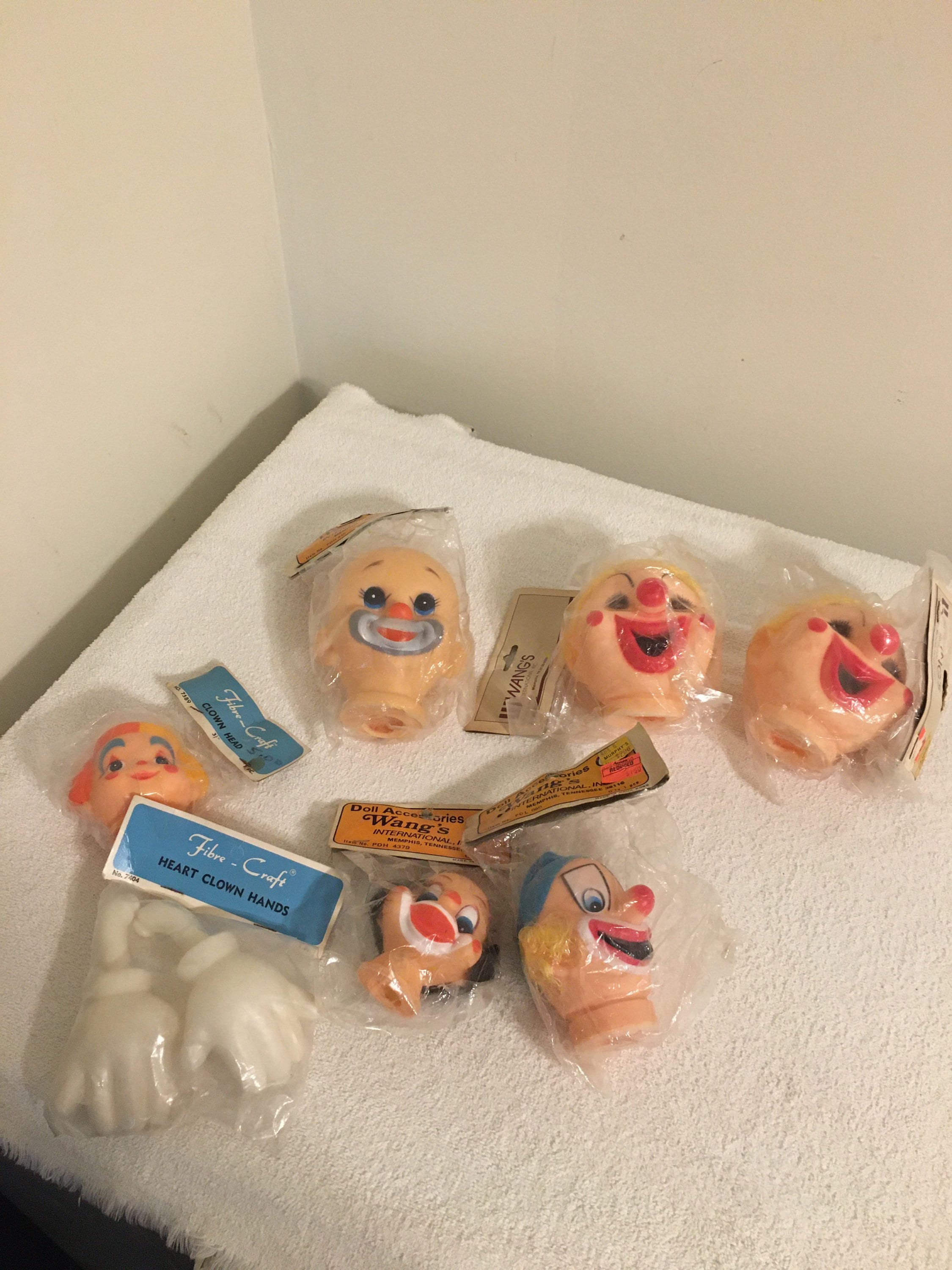 Vintage Wangs & Fibre Craft Clown Doll Heads and Hands Lot of 7 NIP