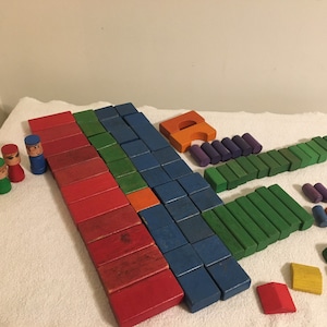 Vintage 1970’s Playskool 79 Color Wood Blocks With Rare Wood Family of 4
