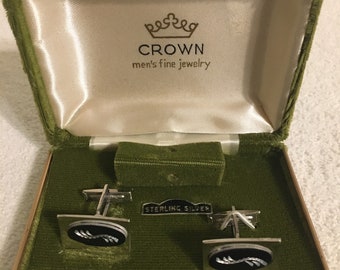 Joias finas masculinas vintage Crown, abotoaduras de prata esterlina na caixa