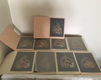 Vintage Lot of 9 Genuine Oil Color Skeleton Pipal Tree Leaf Paintings Matted
