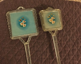 Vintage 1940’s Girls Vanity Brush & Mirror Butterflies and Daisies Pattern