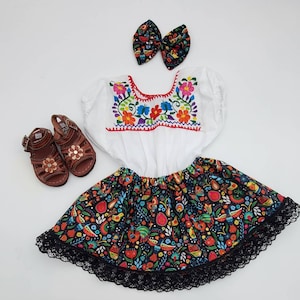 Baby Girl Mexican Outfit. Little Girl Fiesta Outfit. Hispanic Heritage Outfit. Cinco de Mayo Outfit. Black Skirt/white Shirt.