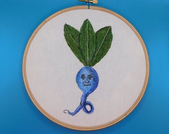 Medieval Embroidered  Blue Turnip Root Face Weird Embroidery One Of A Kind Hand Made Wall 7 inch Hanging Hoop