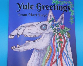 Mari Lwyd Yuletide Greeting Card, Welsh Folklore Textile Art