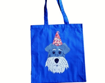 Schnauzer Blue Strong Tote Bag Free Motion Embroidery Applique Hand Made Unique Gift